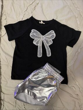 Hayden Girls Black Tee with Silver Sequin Bow